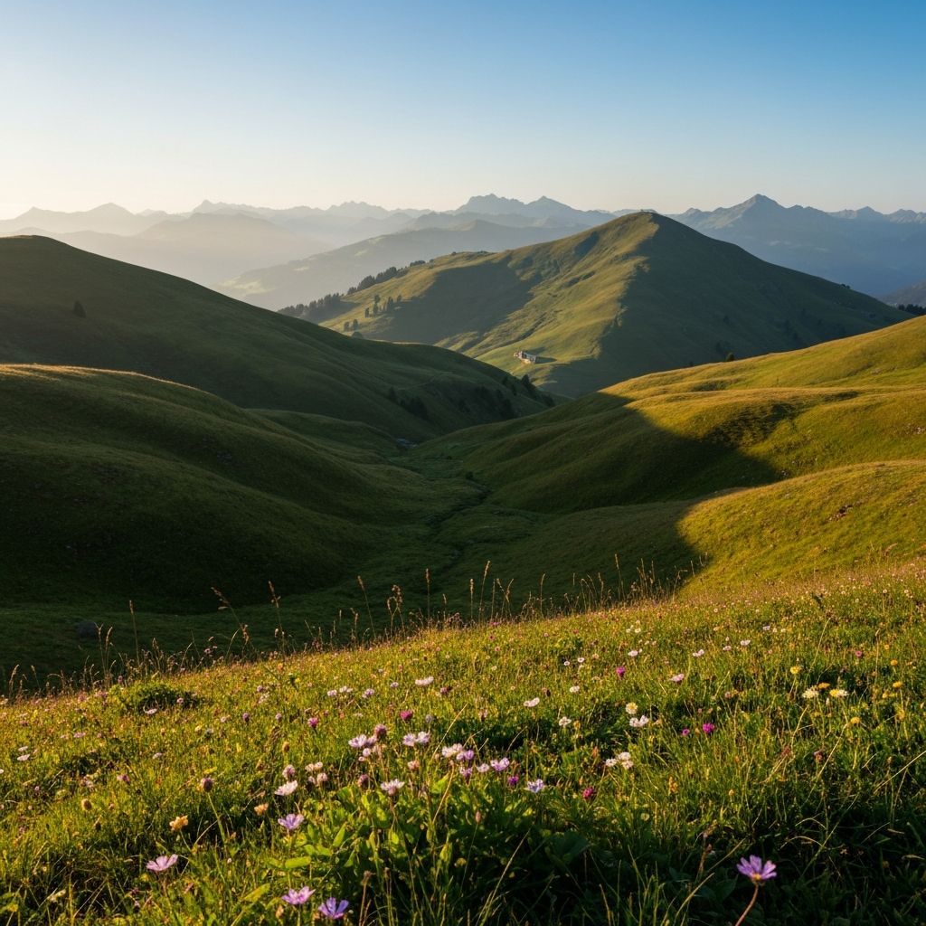 Friedliche Bergwiese bei Sonnenaufgang