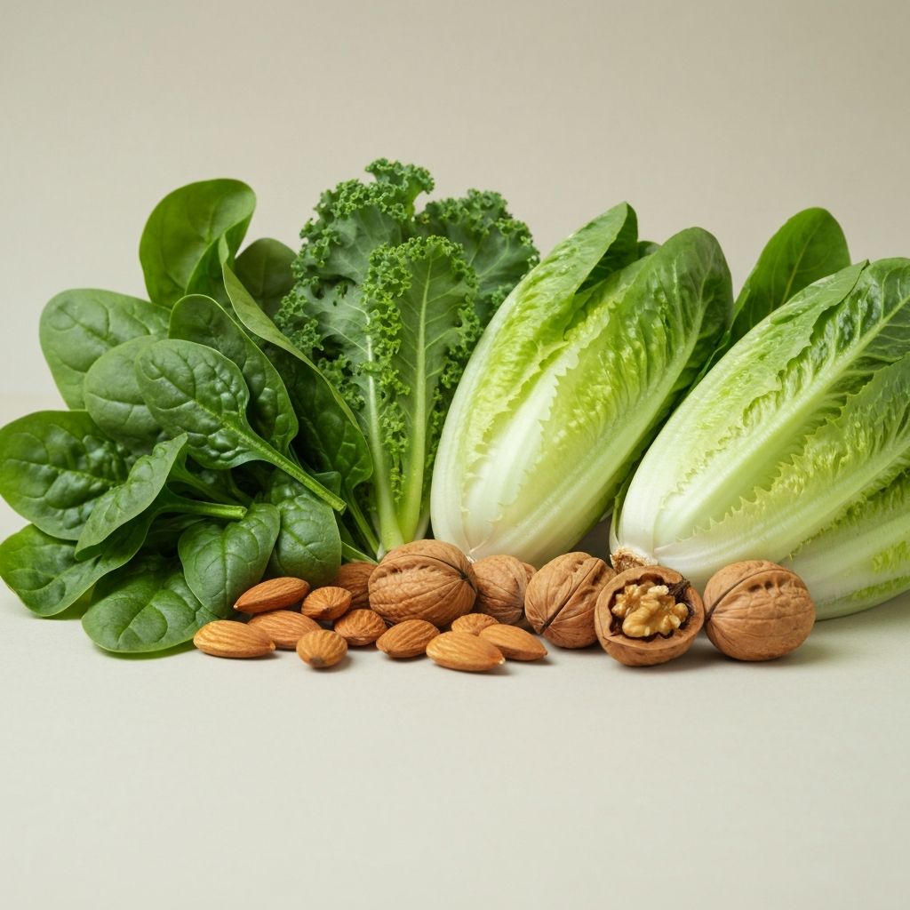 Grünes Blattgemüse und Nüsse